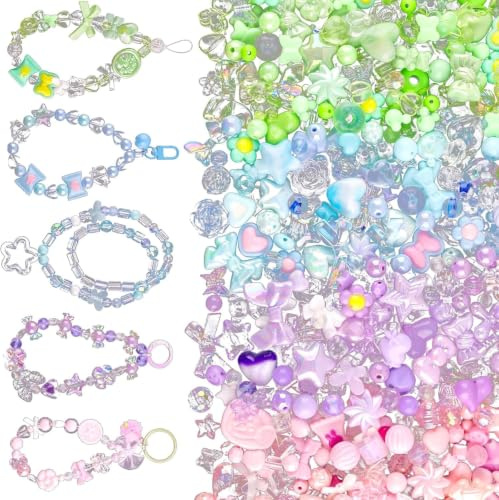 Sikweny 200 Stycken Sorterade Färgglada Akrylpärl Set av Pärlor för DIY-smycken Akryl-set för DIY-armband för Flickor Hjärta Blommor Dekoration för att Skapa Armband Tillbehör Rep