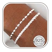 Diamday 2Pcs Pulsera Mujer Plata de Ley 925 Pulseras Ajustable Dainty Pulseras Apilables Beaded Cadena Pulsera Plata Joyas para Mujer Niñas Regalos