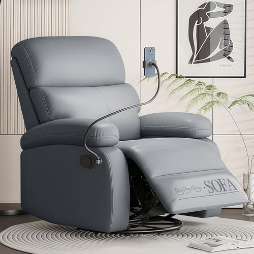 Recliner Armchair, Swivel PU Leather Manual Reclining Chair with Adjustable Legrest, Backrest, Side Pockets, Phone Holder, Rocker Chair for Home Living Room,Grey