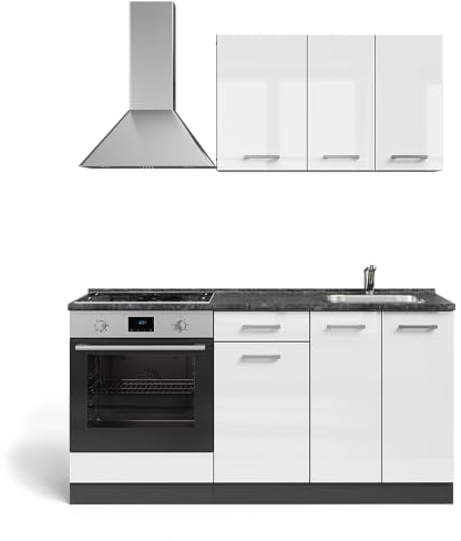 Vicco Singleküche R-Line, Weiß Hochglanz/Anthrazit, 160 cm mit Herdumbauschrank und Spüle mit AP