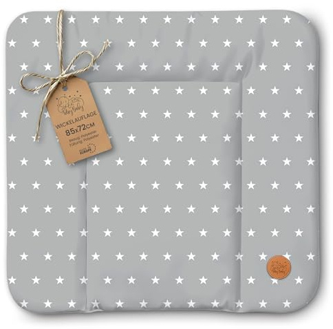Wickelauflage Wickelunterlage abwaschbar und wasserdicht 85x72 cm - Wickelmatte zum Auflegen auf Wickeltisch Wickelaufsatz Wickelkommode oder Waschmaschine Oeko-Tex 85 x 72 Sterne und Grau
