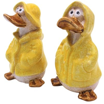 XL Set di 2 statuette decorative, decorazione da giardino, anatre decorative, statuette d'anatra, statuetta da giardino, anatra, stagno anatra in giallo con impermeabile e berretto, set da 2