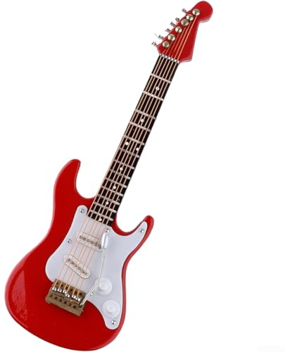 Réplique de guitare en bois de 14 cm fabriquée à la main pour mini guitare électrique – Modèle d'instrument de musique détaillé avec support – Hobby à collectionner blanc (rouge)