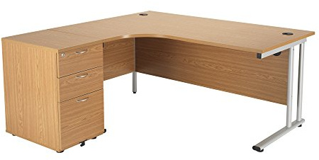 Office Hippo Heavy Duty Left Corner Radial Desk - 3 Drawer High Storage, Home or Office Use, 5 Yr Warranty, MFC - Oak, Silver Frame, 160cm x 160.4cm