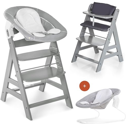 hauck Hochstuhl Alpha+ Newborn Set mit 2in1 Bouncer - Mitwachsender Holz Babyhochstuhl ab Geburt, inkl. Sitzauflage & Neugeborenenaufsatz - Grau