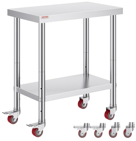 VEVOR Edelstahl Arbeitstisch Küche 76 x 46 x 86 cm, Edelstahltisch mit 4 Universalrädern Rollen, Küchetisch für küchenvorbereitungsarbeit