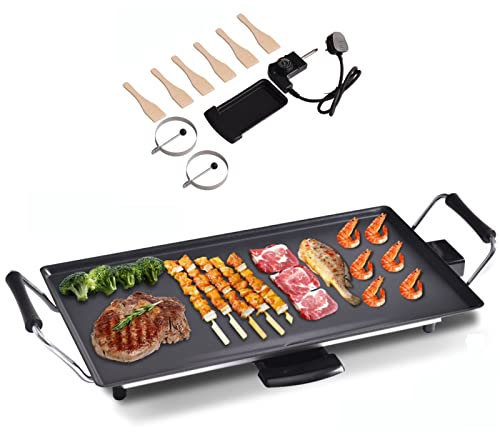 TANGZON Electric Teppanyaki Table Grill, 1800W Non-Stick Barbecue Griddle with 6 Wooden Spatulas and 2 Unsticking Rings, Portable Family Party Tabletop BBQ Hot Plate for Indoor Outdoor (48x27cm)