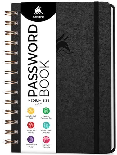 Clever Fox Password Book Keeper Notebook, Spiral-Bound Medium Black