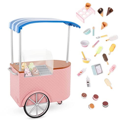 Our Generation BD35132Z Two Scoops Ice Cream Trolley,for 46 cm Dolls, 4 Different Ice Cream Types, Ice Cream on the Handle and in the Waffle, Movable,Children's Toy from 3 Years,45465 HCM Kingzel