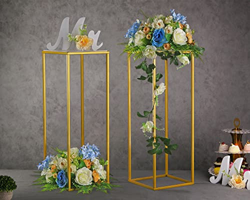 YALLOVE 2 soportes de metal para flores de 60 cm, soporte de jarrones dorados con hojas acrílicas transparentes, estante de exhibición geométrico para decoraciones de fiesta de boda