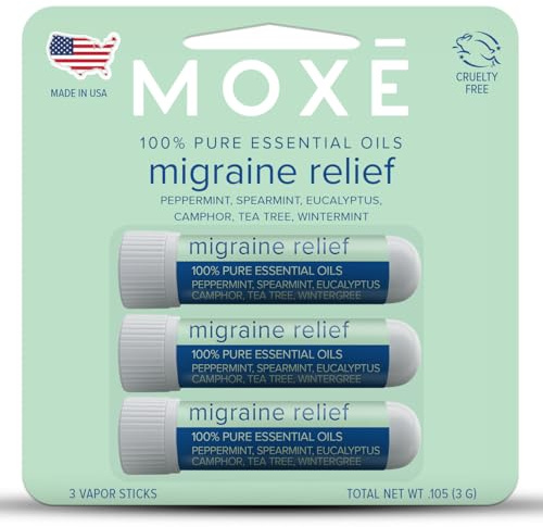 MOXE Migraine Relief Nasal Inhalers, Essential Oils for Headaches & Tension Relief, Portable Aromatherapy, Easy-to-Use, Pure & Undiluted, Peppermint, Spearmint, Eucalyptus, Tea Tree, USA Made, 3 Pack