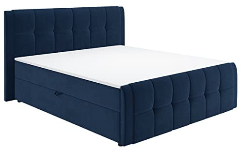 Meubletmoi Riven - Pack cama boxspring (160 x 200 cm), color azul oscuro con maletero + cabecero + colchón + cojines