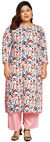 Tissu Kurta estampada blanca y rosa para mujer de talla grande con palazzo, blanco, 8XL