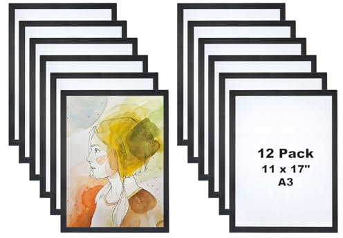 PATIKIL Cadre Magnétique A3, Lot de 12 Porte-Affiches Magnétiques Autocollants, Cadre D'Affichage Magnétique Réutilisable Double Face pour Réfrigérateur, Tableau Blanc, Couleur Or