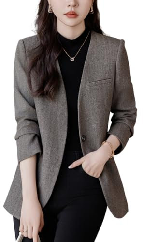 Valin Damen Grau Blazer Taschen Jacke EIN-Knopf Langarm Blazer Fischgrätenmuster Slim Fit Business Casual Outfits Für Die Arbeit,44,B1262