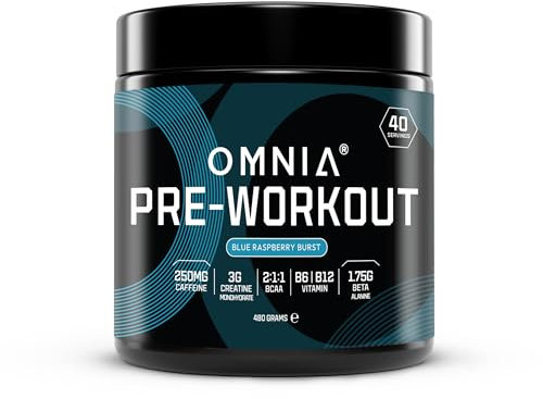 OMNIA Power Pre Workout Powder - Energy Drink with Creatine Monohydrate, Beta Alanine, Caffeine and Citrulline, Physical Performance for Gym or Sports, 40 Servings - Blue Raspberry Burst