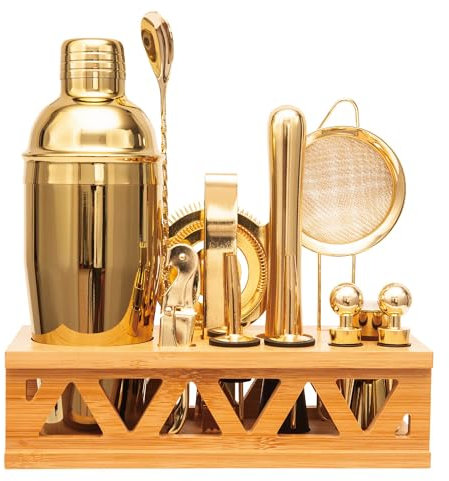 JWJIUEJIU Cocktail Shaker Set Bartender Kit med bambustativ, 13 delar barset rostfritt stål bar verktygssats för professionell bartender och hem (guld)