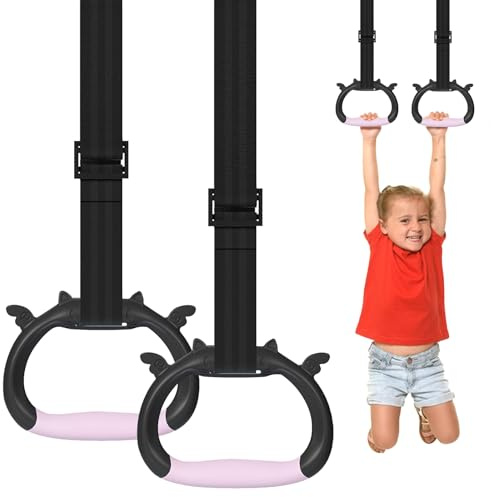 Grapelet Gymnastics Rings Set, Children's Home Gym Equipment, Children's Adjustable Strap Strength Training Rings, Pulling Rings for Physical Training (Black Pink)
