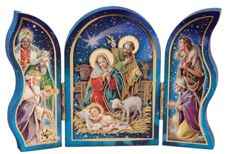 celebrationgiftsforall Christmas Nativity Scene Triptych Wooden Plaque of Our Holy Family Jesus in a Manger, Wise Men, Kings and a Shepherd with Gold Highlights