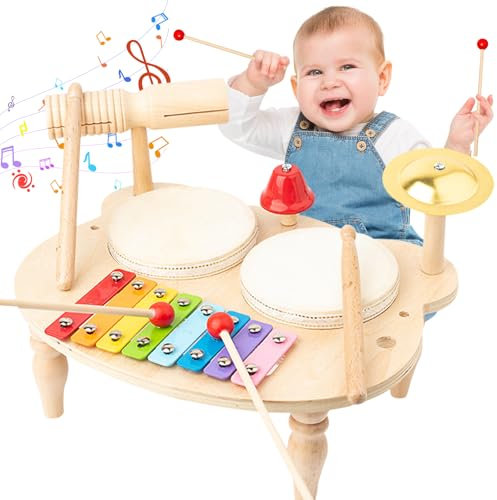 UCAMP Schlagzeug 10-in-1 Musikinstrumente für Kinder Ab 1-3 Jahre Mit Xylophon, Holzspielzeug, Musical Percussion Instrument Tisch - Geschenk für Jungen Und Mädchen