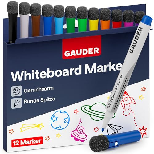 GAUDER Whiteboard Marker Set (12 Stück), Schule Zubehör | Whiteboard Stifte (12 Farben) | trocken und rückstandsfrei abwischbar | Dry Erase Marker mit Schwamm ideal für Whiteboards und Magnettafeln