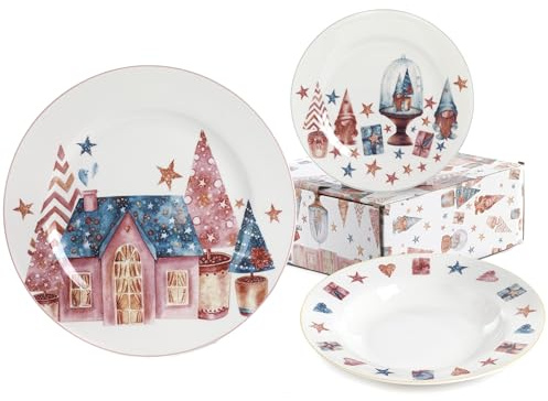 Service de vaisselle de Noël 18 pièces thème Noël en porcelaine d'auteur Nàvel 6 fonds Ø 21,6 cm, 6 étages Ø 21,6 cm et 6 étages Ø 26,7 cm avec élégante boîte lithographiée