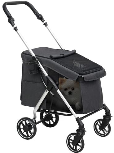 PawHut Hundewagen leicht Hundebuggy aus Aluminium klappbar für Hunde & Katzen Katzenbuggy mit Kissen Netzfenstern Türen Aufbewahrungskorb Katzenwagen Mini-Hundewagen für kleine Hunde Grau