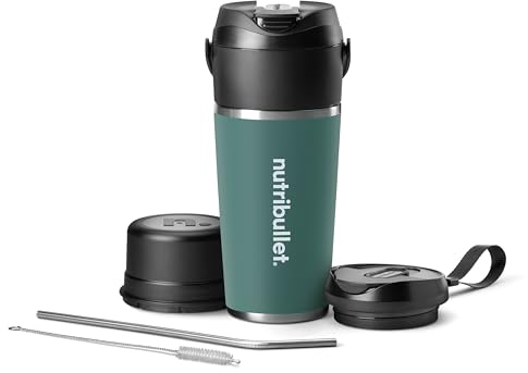 nutribullet Flip NBP016EUC, Batidora Portátil con Vaso Térmico de 590ml, Conserva el Frío 24h, Bate Hielo, Incluye Tapa y Pajita, Carga USB-C, Acero Inoxidable, Eucalypto