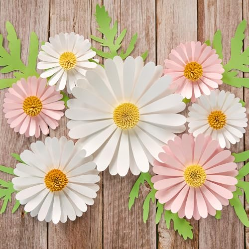 SUNBEAUTY Lot de 7 décorations murales 3D en forme de marguerites blanches et roses en papier, fleurs artificielles pour la fête des mères, décoration murale du salon, décoration de chambre à coucher