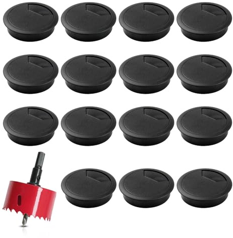 15 pasacables para escritorio, redondo, diámetro de 60 mm, con sierra perforadora, color negro, plástico, salida de cables, juego de salida de cables para encimeras de oficina, hogar, oficina, mesa
