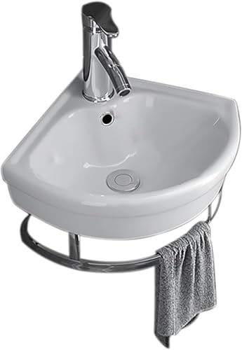 Lavandino A Vaso Piccolo per Bagni, Lavandino Angolare A Parete, Lavandino da Bagno Moderno Montato Ad Angolo, con Portasciugamani di Scarico del Rubinetto, per Cucina, Bagno, Risto, 25.5cm/10in