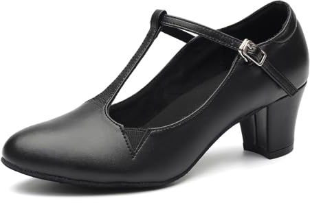 GYUBL Women's T-Strap Character Shoes Black Latin Ballroom Closed Toe Salsa Tango Dancing Shoes with 2 inch Heels, 5 UK