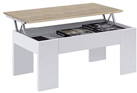 Mesa de Centro Elevable, Mesita de Salón o Comedor, Modelo LC, Acabado en Color Blanco Artik y Roble Canadian, Medidas: 100 cm (Ancho) x 50 cm (Fondo) x 45-56 cm (Alto)