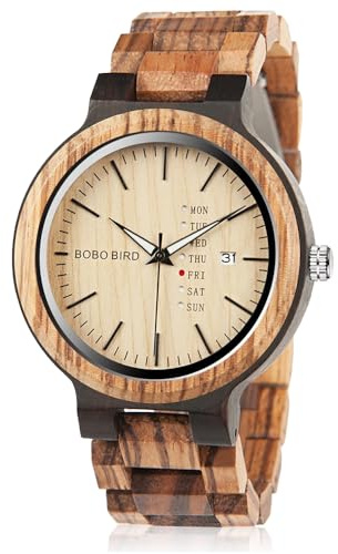 BOBO BIRD Herren Holz-Edelstahl Armbanduhr *Air Force* mit Datum- & Tagesanzeige Handgefertigt Quarz Analog Uhr inkl. Geschenkbox