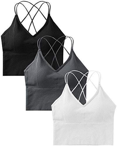 Sport BH Damen Bustier BH Ohne Bügel Sport Bra Top Spaghettiträger Cross Back Design Push up BH für Yoga Fitness (Schwarz+Grau+Weiß)