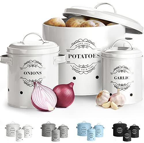 Virklyee Paniers Ail Pot à Oignon en Métal Set of 3-Pot de pomme de terre, d'oignon, d'ail Pots et bocaux de conservation Rangement en métal Conception aérée pour un rangement facile(Blanc o2)