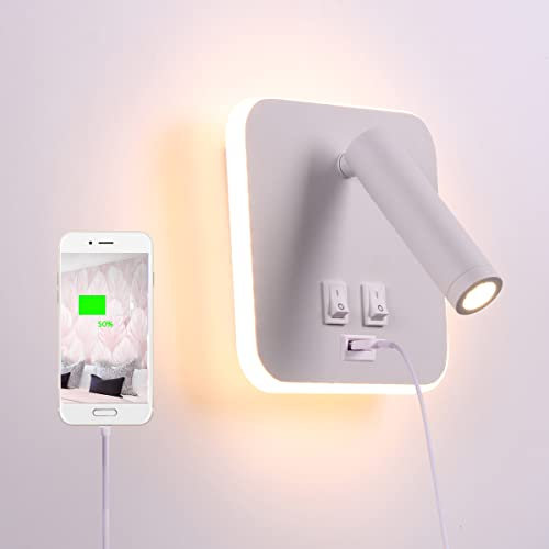TWSXTE Bañador de pared Dormitorio Interruptor volvible Puerto de carga USB apliques de lectura de pared cama Iluminación de Pared cabecera 360 gradosgiratoria Blanco Cálido 3000K (3W + 10W)