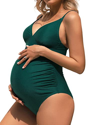 CUPSHE Maternity Swimsuit for Women One Piece Swimsuits Pregnancy Swimwear Spaghetti Straps Ruched Adjustable,M Dark Green