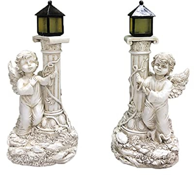 PHYMAT 1 paio di statue di angeli con luci solari, statue da giardino di angeli solari per esterni con colonne romane per la decorazione di giardini e prati