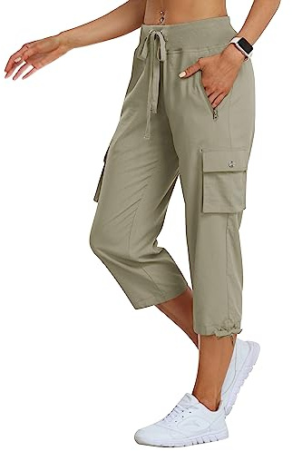 MoFiz Women's Cargo Hiking Pants Lightweight Quick Dry Running Capri Pants Athletic Workout Casual Outdoor Shorts Zipper Pockets Grey Khaki 2XL