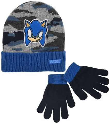 Sonic The Hedgehog Mütze und Handschuhe für Jungen, Winterset für Jungen, Sonic der Igel Mütze und Handschuhe, Winteraccessoires für Kinder – Blau