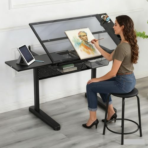 Gagawin Glass Drafting Table, Upgraded Hand Crank Adjustable Height Drawing Table Artist Table with Stool for Home Office, Tilting Art Craft Desk w/2 Storage Drawers and Side Table, Type 3-Black