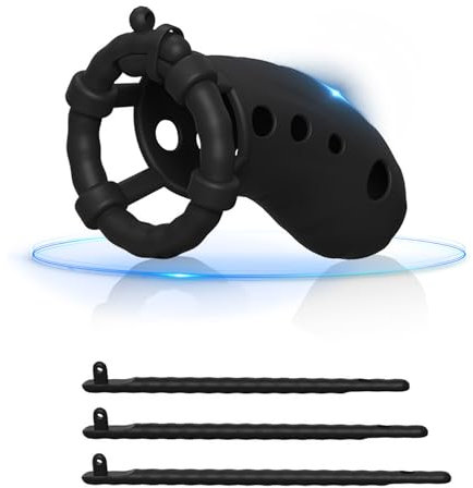 QgLust Herren Silikon Keuschheitskäfig Set Belüfteter Peniskäfig mit 3 Penisringen, Keuschheitsgürtel SM Penisfessel Cock Cage Peniskäfig Gerät Sexspielzeug für Männer (Schwarz)