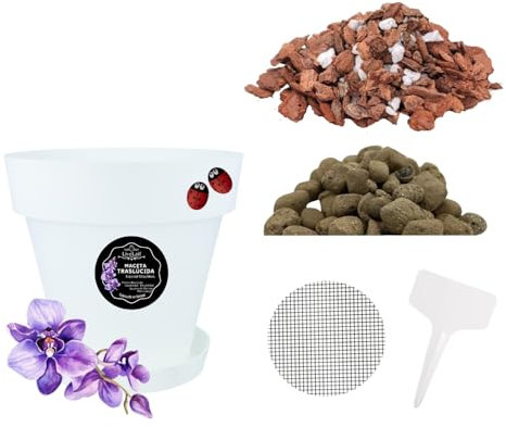 LiveLaif® Kit Transplante Orquideas: Maceta Orquidea TRASLUCIDA ⊘15cm (Agujeros y Plato) + Sutrato Orquideas Premium con Corteza de Pino, Coco, Arlita, Perlita, Vemiculita, Abono NPK + Accesorios