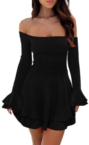 LOFAAC Mini abito da donna Y2K con spalle scoperte increspato sexy slim fit manica lunga fluida a strati volant autunno aderente abito corto, nero, M