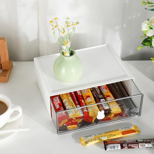 BAUEUEJO Organizer Cucina Impilabile,Plastica Porta Bustine da te con 3 cassetti,Contenitore Cucina per sacchetti di tè,caffè ecc (1, white-1drs)