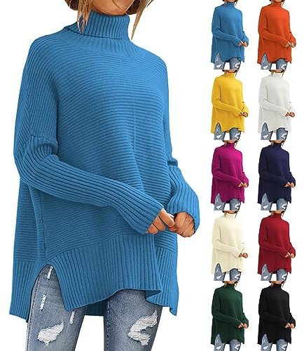 Jersey de cuello alto para mujer, oversize, jersey de punto grueso, elegante, elástico, cálido, oversize, informal, manga larga, suéter de invierno, suave y grueso, jersey de punto fino, verde, L
