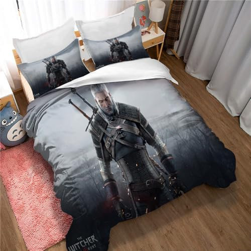 Ste-X Bettbezug King Size Hotelqualität Bettwäscheset Witcher Wild Hunt Bettbezugset Weicher, Atmungsaktiver Bettbezug Aus 100% Polyester-Baumwolle Mit Kissenbezügen (Witcher 01,135x200cm)