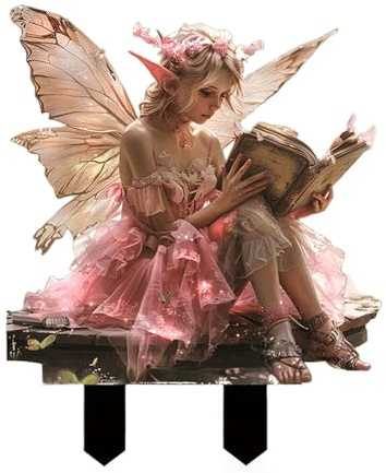 HWOLPEMS Feengartenpfähle, Dekoration, Elfen-Lesebuch-Statue, Ornamente, Acryl, 2D-Elfenfeenpfahl, Outdoor-Gartenengel, Statue, Topfpflanzen, Garten, Hof, Rasen-Dekor (D)