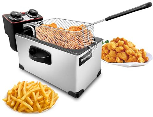 3L Deep Fryer with Basket for Home, 1300W Yangbowan Small Deep Fryers with Temperature Control, Timer Control,View Window Lid,Stainless Steel Body Electric Deep Fryer Pot for Restaurant Use